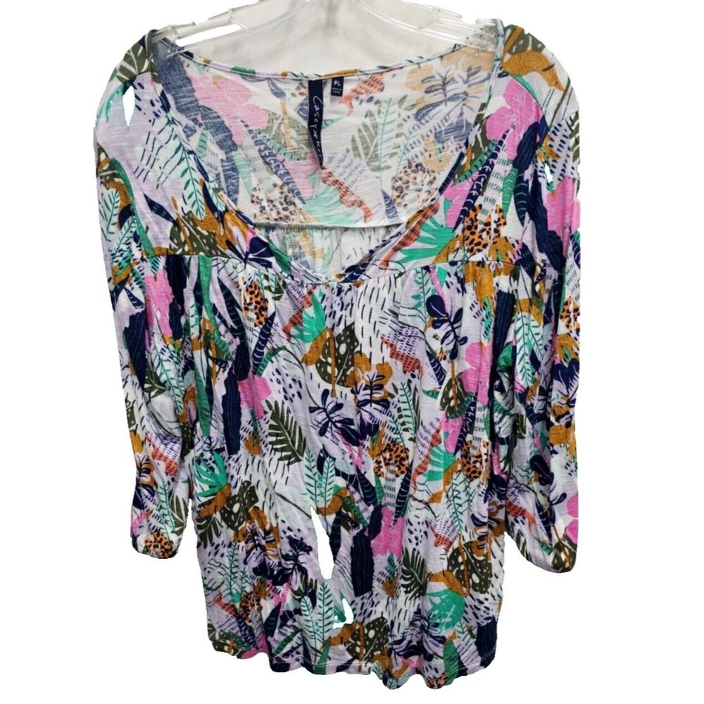 Casey Key Womens Floral Top Petite Large 3/4 Sleeve V Neck BOHO Tropical Cottage